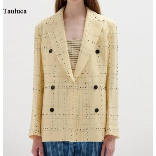 New Korean Women Double Row Button Lapel Plaid Tops And Pant Suit Office Yellow Blazer Trousers 2021 Early Autumn Female Wearing