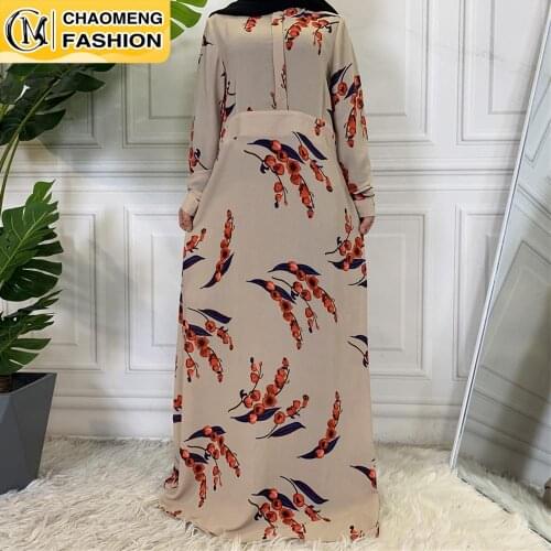 Ladies Cherry Floral Printing Fashion Long Sleeve Chiffon Muslim Maxi Dress Islamic Arab Saudi Abaya Dress for Women and Chirld