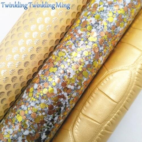GOLD Smooth Glitter Fabric, Mermaid Faux Leather Fabric, Synthetic Leather Fabric Sheets For Bow A4 8"x11" Twinkling Ming XM319