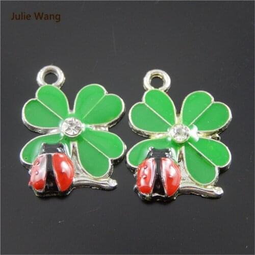 Julie Wang 10pcs Enamel Ladybug And Clover Charms Design Pendant Handmade Bracelet Hanging Crafts Women DIY Jewelry