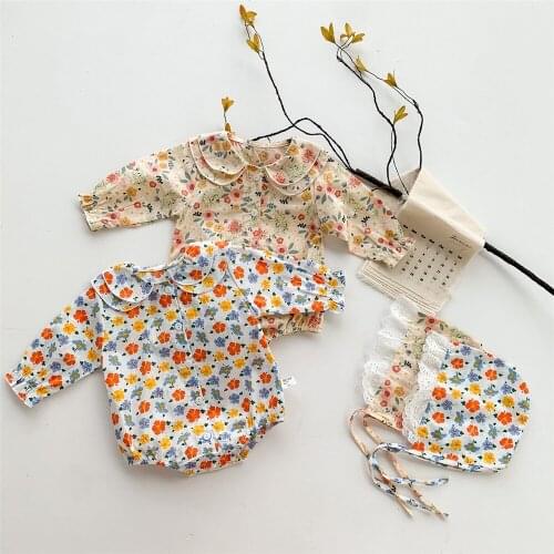 2021 Newborn Baby Girls 2Pcs Outfits Casual Infant Long Sleeves Single-Breasted Floral Print Romper With Hat Set Spring Autumn