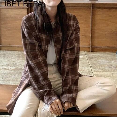 New 2021 Autumn Spring Womens Blouse Casual Fashionable Loose POLO Collar Shirt Plaid Clothing Tunika Preppy Style Tops BL3030