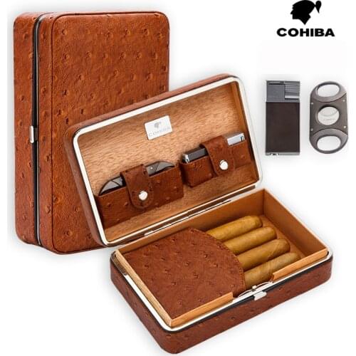 COHIBA Brown Ostrich Pattern Leather Cigarette Humidor 4 Fingers Cerdar Wooden Cigar Case Box With Lighter Sharp Cigar Cutter