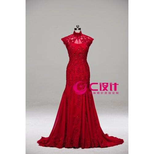 Actual lmages free shipping highneck new design party appliques vestido de festa sexy red long evening mother of the bride dress