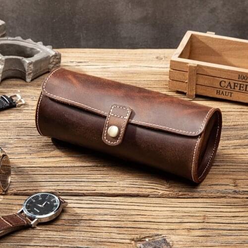 Travel Watch Case Roll Organizer Vintage Exquisite Round Shape Leather Storage Bag Unique Gifts for Father Husband Lover