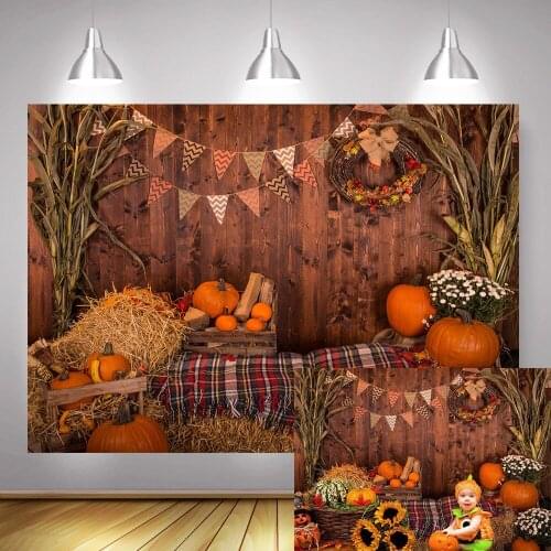 Fall Thanksgiving Photography Backdrop Rustic Wood Barn Harvest Baby Portrait Background Autumn Pumpkins Maple Leaves Sunflower