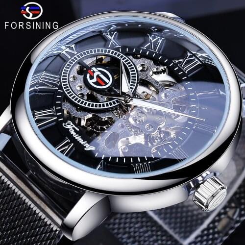 Forsining Fashion Men Mechanical Watch Skeleton Slim Roman Dial Mesh Stainless Steel Strap Wristwatch Business Male Watches Gift