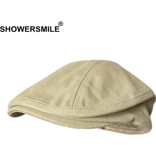 SHOWERSMILE Spring Summer Canvas Flat Cap for Men Beret Hat 100% Cotton Beige Ivy Cap Male Solid Vintage British Gatsby Hats