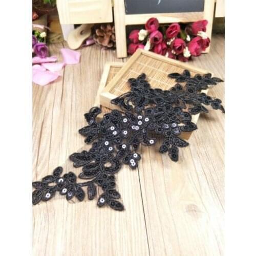 2 Pieces Black Sequin Flower Embroidery Lace Collar Wedding Lace Patch Applique Headband Hair Bow Garment Clothing DIY Accessory