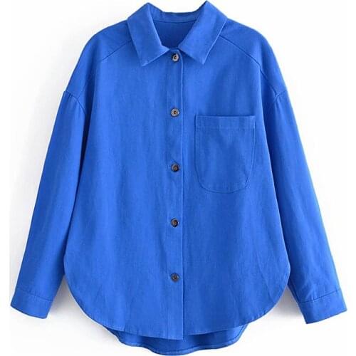 2021 Womens Fashion Casual Neutral Minimalism Wind Cotton Jacket Blue Lapel Single Row Buttons Shirt Design Coat