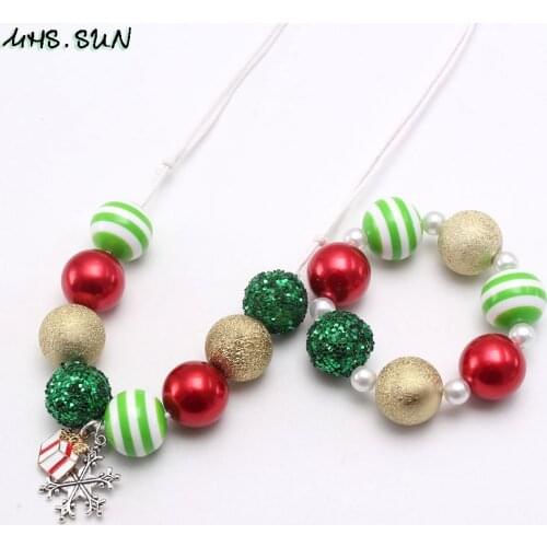 MHS.SUN DIY christmas chunky beads necklace bracelet with snowflake gift pendant for baby girls gift kids bubblegum jewelry 1pc