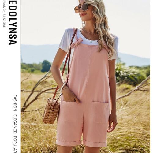 Cute Pink Bib Pants Girl Casual Backpack Pants Summer 2021 One-piece Jumpsuit Loose High Waist Pocket Jumpsuit Playsuits Y85