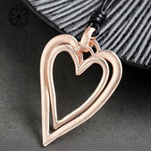 Trendy Love Heart Pendant Long Necklace for Women Gold Silver Color Chunky Jewelry Big Chain Double Hearts Pendant Suspension