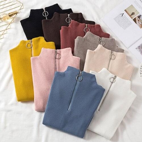 New Zipper Half Turtleneck Women Sweater Solid Slim Pullovers Long Sleeves Jumper Knitted Sweater Fashion Female Elastic Tops