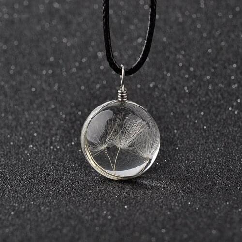 New Jewelry Real Dandelion Crystal Glass Ball Pendants Necklace Long Strip Leather Chain Pendant For Women Girl Christmas Gifts