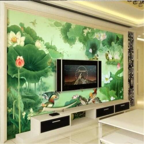 Beibehang Customized wallpaper modern minimalist lotus mandarin duck Chinese painting style decoration TV background wall