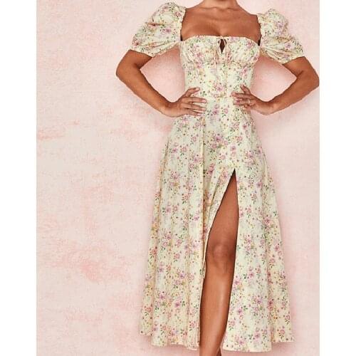 Zoki Fashion Puff Sleeve Women Long Dress Summer Short Sleeve High Waist Print Floral A Line Beach Sundress Casual Mujer Vestido