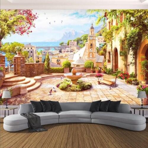 Custom 3D Wall Mural European Style Garden Town Seascape Photo Wallpaper Living Room Restaurant Waterproof Canvas Wall Painting