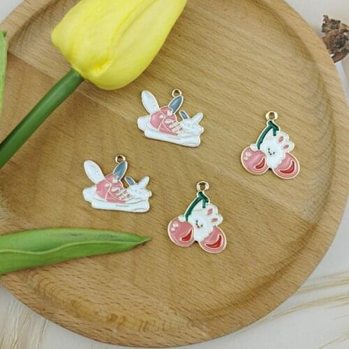 10pcs Cartoon Cherry Rabbit Enamel Alloy Charms Shoes Bunny Pendants Gold Color Dangle Fit Earrings DIY Jewelry Accessory Cute