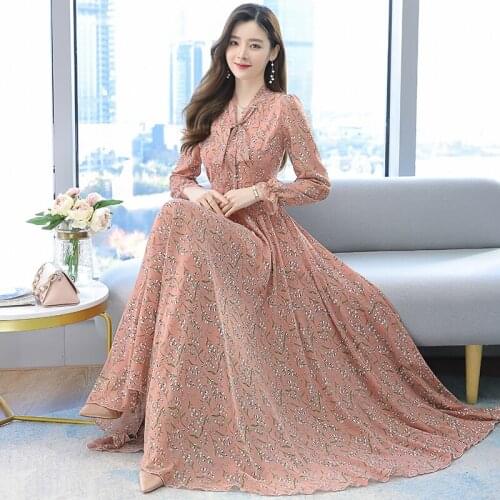 High-End Floral Chiffon Boho Beach Maxi Dresses New Spring Autumn Vintage Oversize Long Sleeve Dress Ladies Party Vestidos H1477