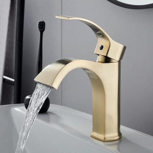 Basin Sink Faucet Brush Gold Brass Bathroom Mixer Faucet Deck Mounted Hot and Cold Bathroom Sink Taps Lavatory Basin Faucets