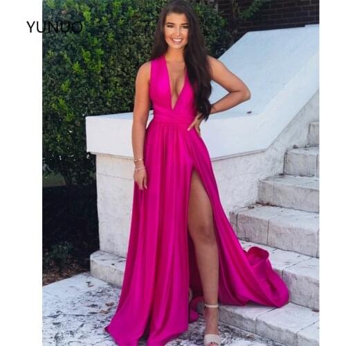 YUNUO Side Split Evening Dresses Long Deep V Neck Sexy Party Gowns Satin A-Line robe de soiree Formal Prom Dresses Open Back