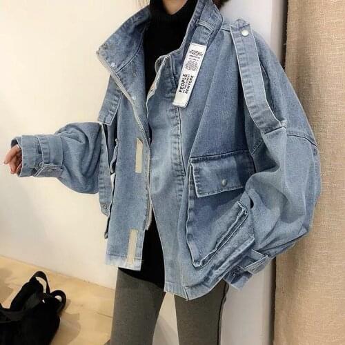 Women Denim Jacket Stand Collar Boyfriend Style Oversize Loose Coat Chic 2 Big Pockets Outfits For 4 Season Jeans Female Outwear
