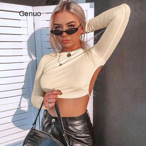 Women Sexy Harajuku Open Back T-shirt Long Sleeve Top Cropped Tops Women T-shirt Summer Casual Tops White Fashion T-shirt