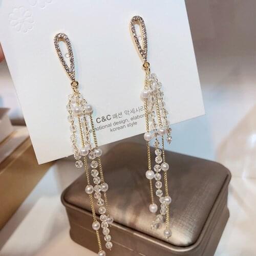 2020 New Korean Version Of The Net Red Crystal Tassel Super Fairy Temperament Fashion All-match Pearl Long Earrings Womens