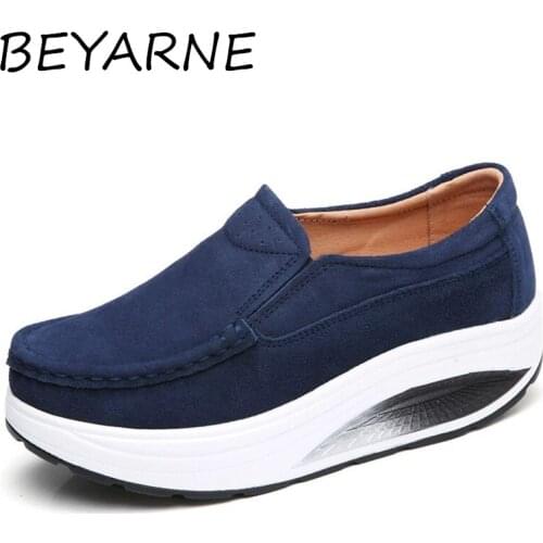 BEYARNE Autumn Women Platform Shoes Thick Heel Casual Shoes Leather Suede Footwear Women Slip On Flats Creepers Moccasins 35-41