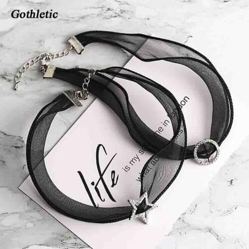 Gothletic 2019 Fashion New Sheer Fabric Choker Translucent Gauze Sexy Lace Choker Geometric Circle Star Collar Necklace Women