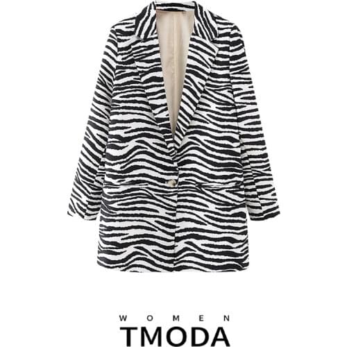 TMODA343 Striped Printed Casual Loose Zebra Blazer Coat Notched Long Sleeve One Button Pocket New Fashion 2021 Spring Women M758