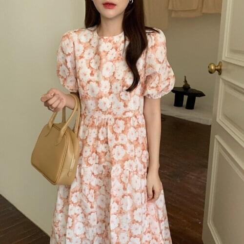 Women Summer Sweet Embossed Flower Long Dress 2021 Puff Sleeve Round Collar Slim Waist A-line Sundress