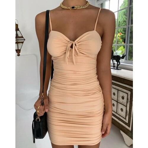 2021 Sexy Women Summer Strappy Mini Dress Solid Color Spaghetti Strap V-Neck Ruffles Tight Ladies Clubwear Bodycon Mini Dress