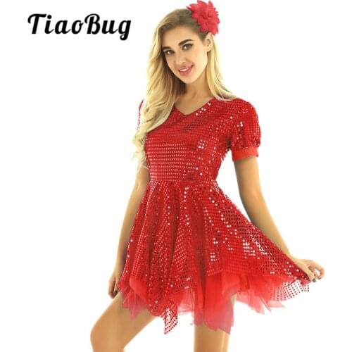 TiaoBug Women Shiny Sequins Asymmetrical Mesh Tulle Latin Dress with Flower Hairclip Set Stage Performance Modern Dance Costume