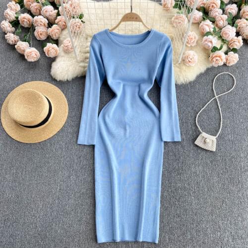 SINGREINY Women Korean Knitted Dress Long Sleeve O Neck Elastic Slim Pencil Dress Autumn Sexy Bodycon Streetwear Sweater dress