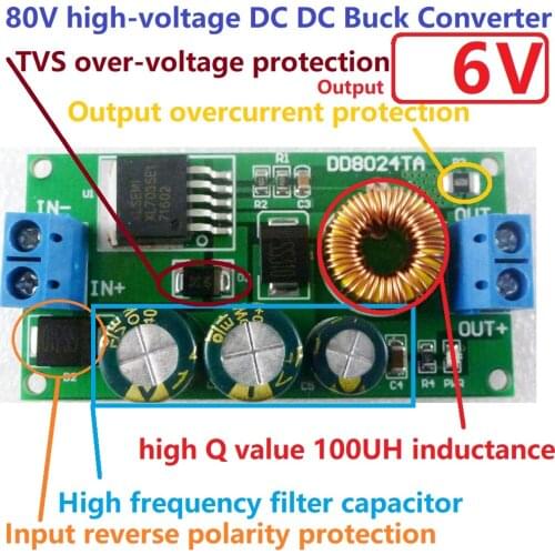 1A HV High-Voltage DC-DC Converter DC 10-80V to 6V Buck Step-Down Module Board