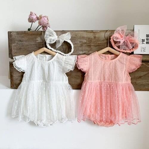 2021 Baby Girls Dress Romper Summer Short-Sleeves Baby Girls Gauze Dress+Hair Band 2ps Pure Color Fashion Clothing