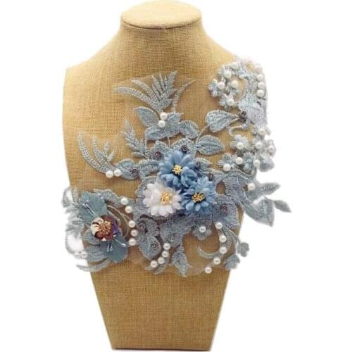 3pc/lot Embroidery Applique 3D flower Sewing pearl lace Neckline DIY Rhinestone Lace Collar Craft Clothing Accessory