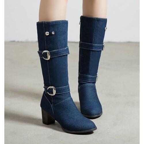 34-43Sexy Jean Boots Womens Long Tube Short Boot Winter High Heel Denim Boot Lady Stylish Jeans Boots Buckle Strap Shoes Cowboy
