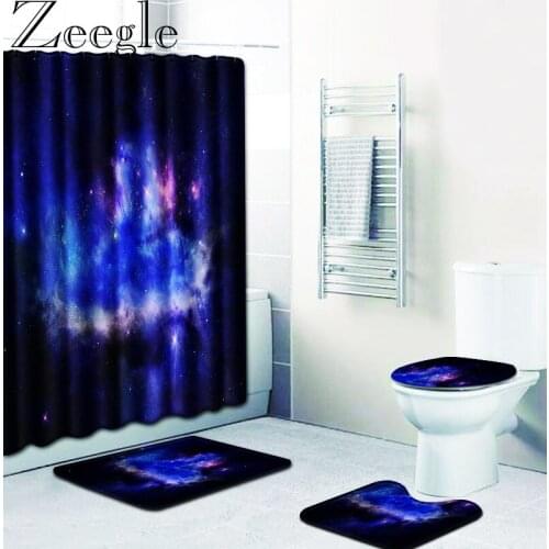 4pcs Printed Shower Curtain Pedestal Rug Lid Toilet Cover Mat Bath Mat Set Bathroom Curtain Waterproof Polyester Bathroom Carpet