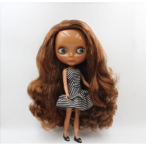 Blygirl,Blyth doll,Coffee color oblique bangs curl, black skin doll, normal body, 7 joints, can change the body