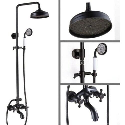 Black Oil Rubbed Brass Bathroom Rainfall Shower Faucet 8 inch Round Shower Head Set Bathtub Tap Two Cross Handle ars453