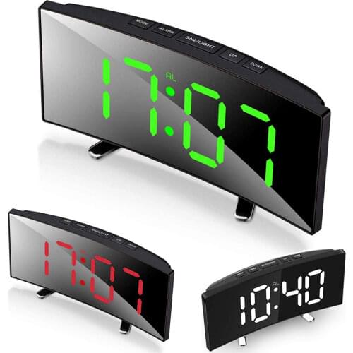 Digital Alarm Clock USB Charging Curved Large LED Screen Electronic Digital Desktop Clock Noise-free Bedroom Bedside Table Clock