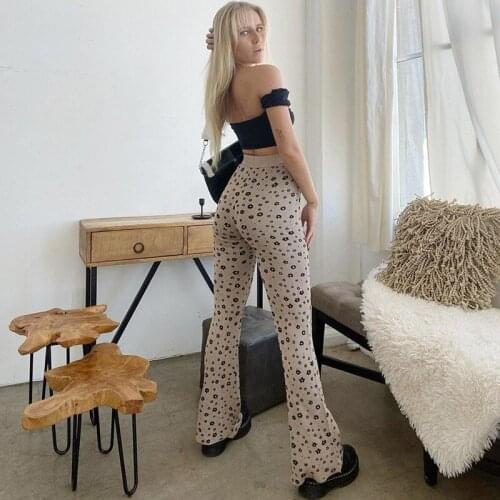 Floral Print Cuffs Flare Pants 2021 Summer Skinny High Waisted Straight Leg Woman Pants Fashion Knitted Elastic Flat Long Pants