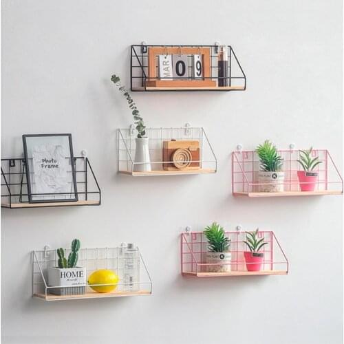 Nordic Wooden Iron Grid Storage Shelf Creative Wall Hanging Living Room Bathroom Sundries Storage Holders Home Decoration
