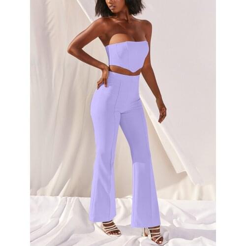 Elegant Flars Pants Set Women Boning Bustier High Waist Long Pants Two Piece Set Summer Sexy Party Wear Crop Top Suits