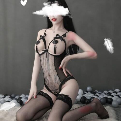 Jimiko Japanese lingerie crotchless bodysuits black lace mesh uniform chest patch bodysuit couple sex costumes hot body suits
