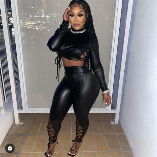 PU Leather Sexy Two Piece Set Women Hooded Top+pants Bodycon Spring Elegant 2 Pieces Set Outfits Female Ladies