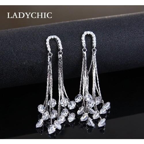 LADYCHIC Fashion Luxury Tassel Crystal Drop Earrings Female Bridal Long Chain Silver Color Earrings Wedding Jewelry Pendientes